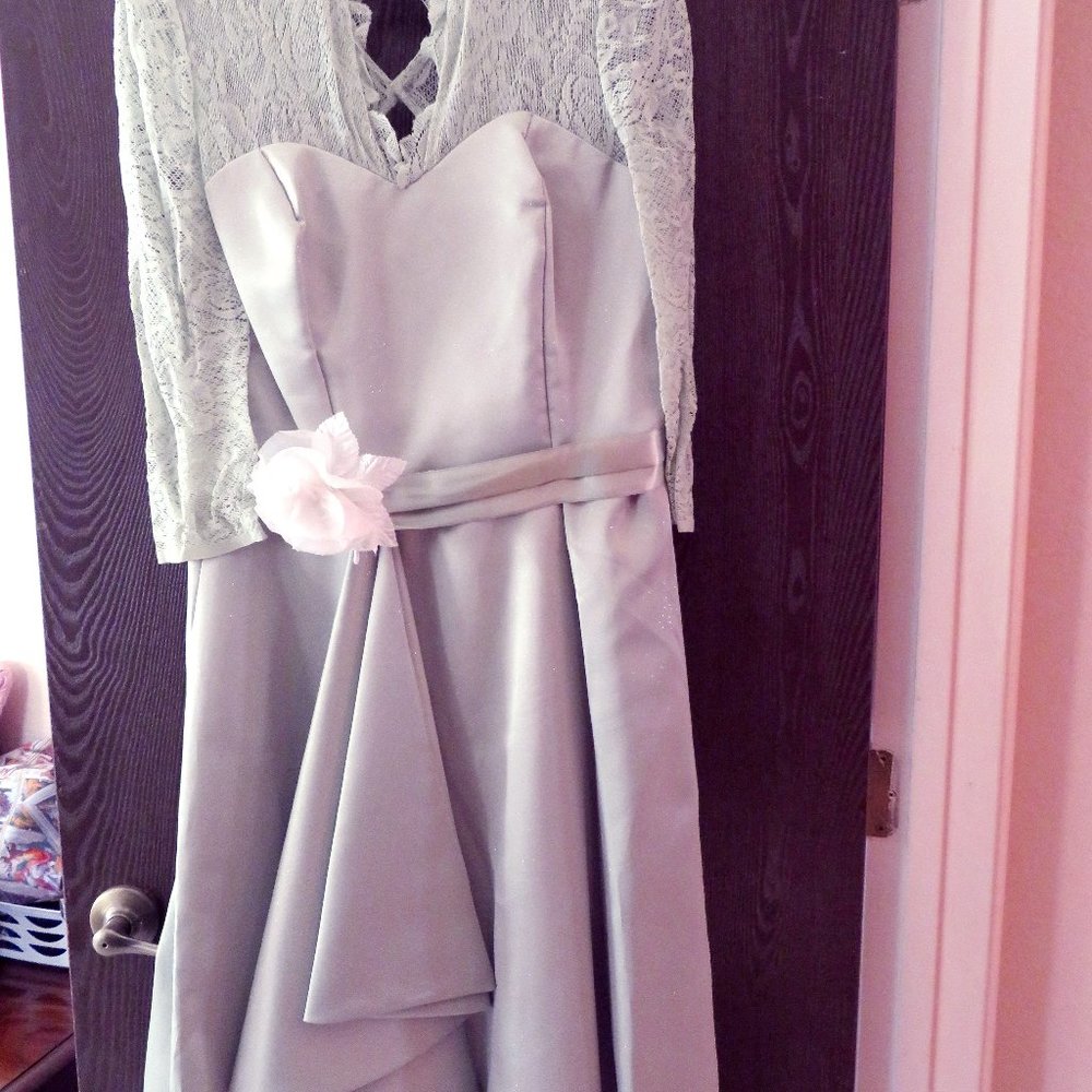 Custom satin and lace dress, size 12, fancy